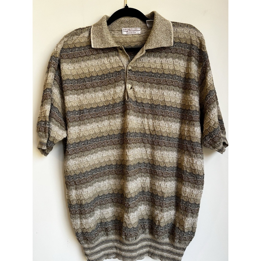 Norm‎ Thompson Polo Sweater Men XL Tan Brown Blue Stripe Short Sleeve 3 Button